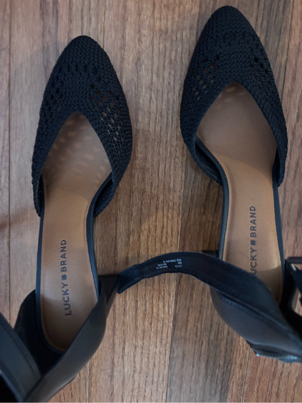 Lucky Brand Black Pointed Knit D'Orsay Flats with Ankle Strap
